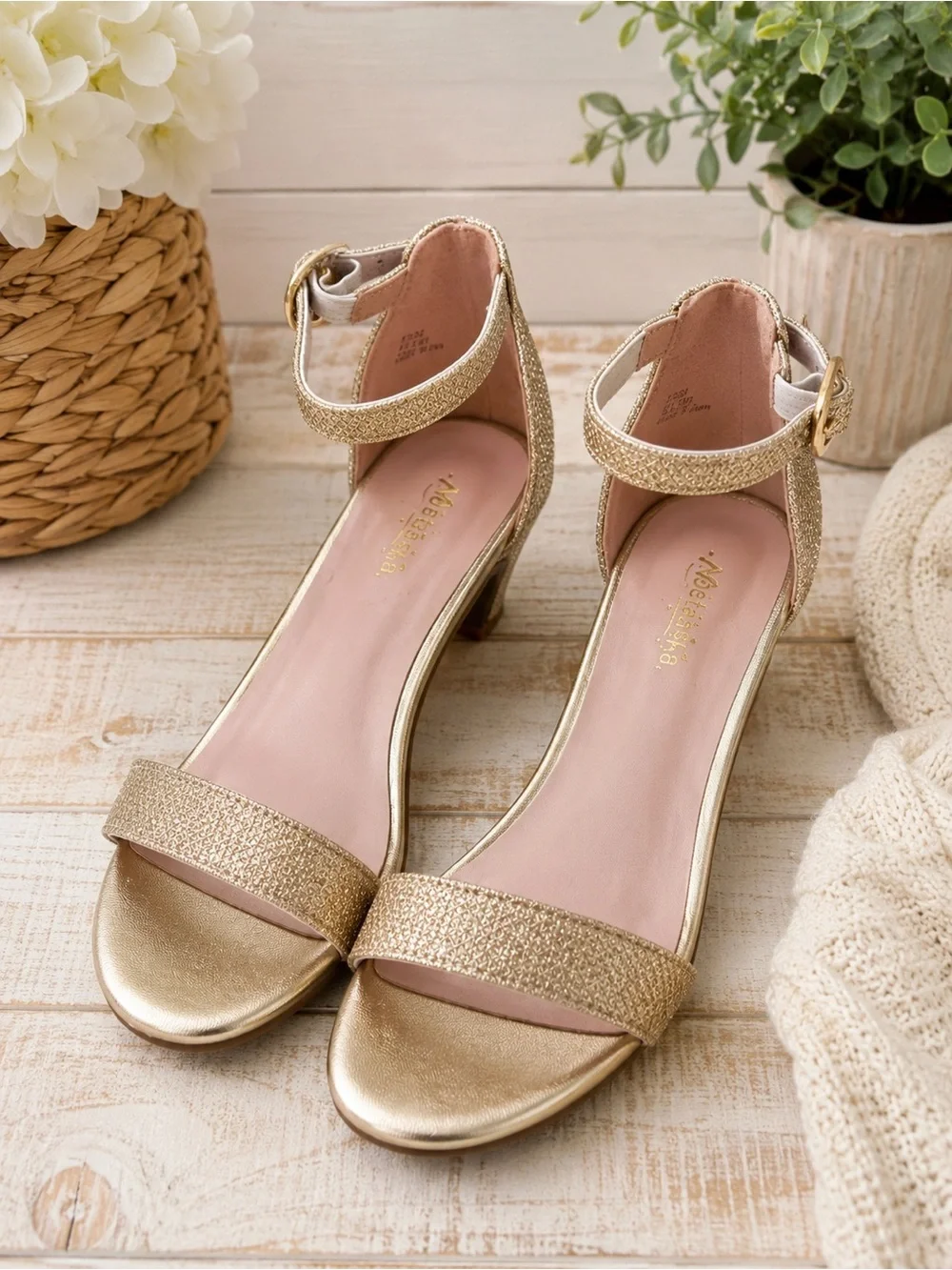 Motasha Gold Glitter Ankle Strap Heels Sandals Size 3